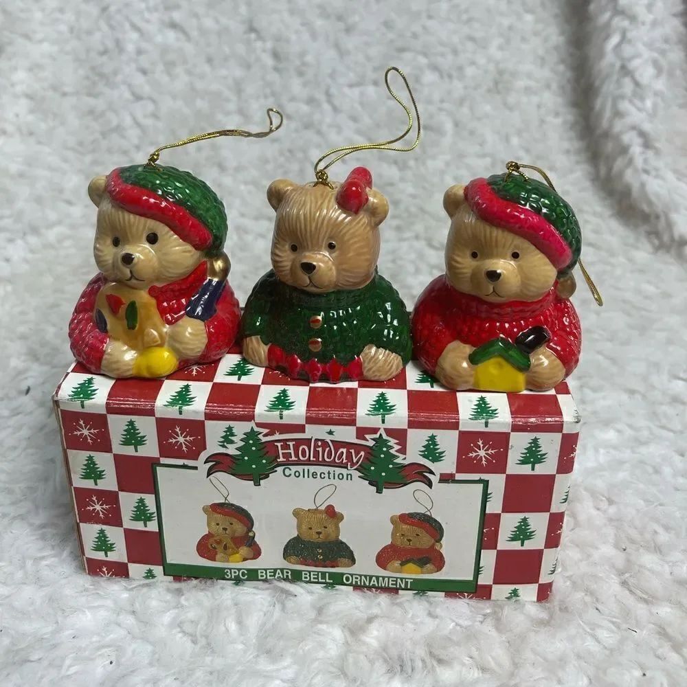 New in Box set of 3PC ceramic Bear Bell Ornament Red ,Green & Tan colors